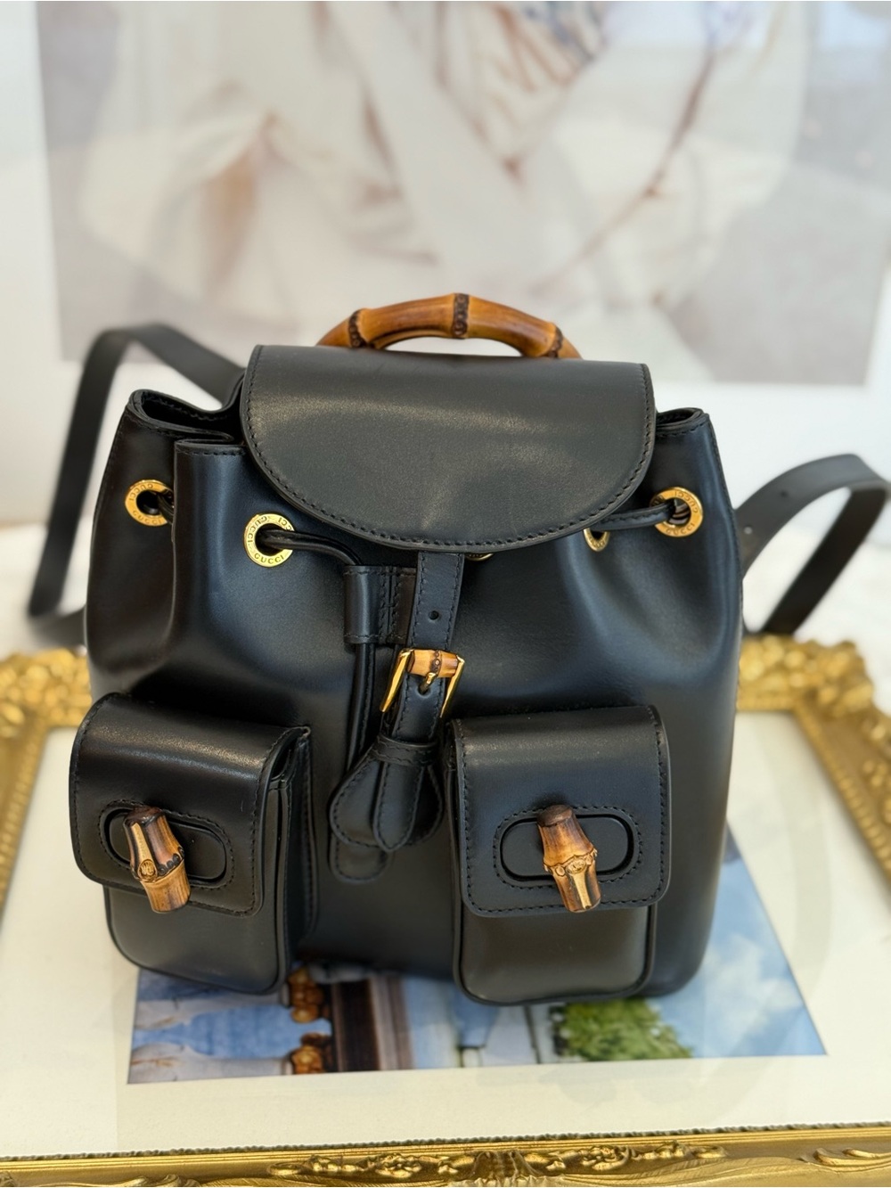 Gucci Black Leather Backpack with Bamboo Accents